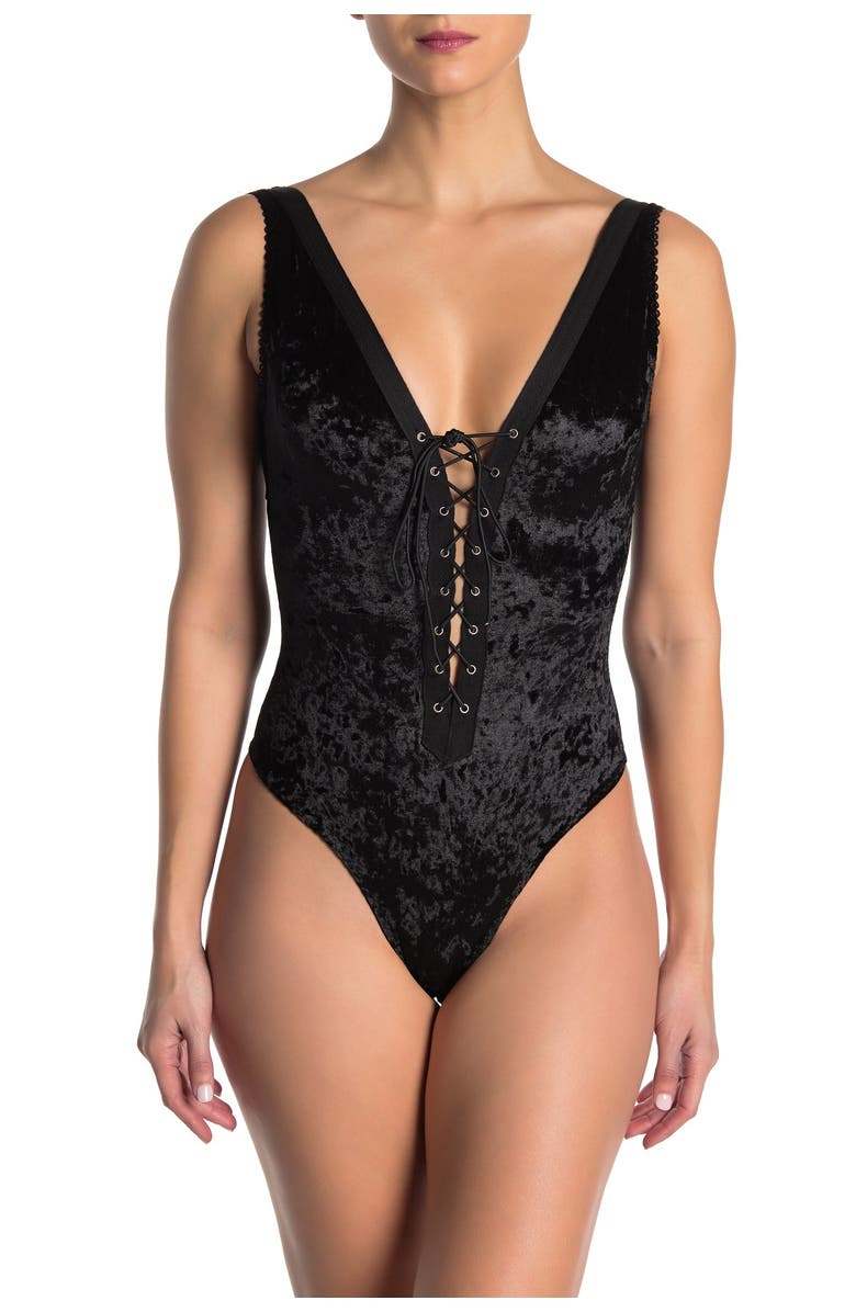 SECRET LACE Crushed Velvet Lace-Up Thong Bodysuit, Main, color, 