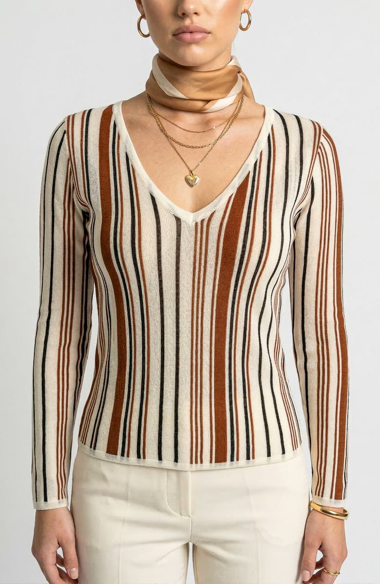 Knit & Lounge Long Sleeve Sweater Top with V Neck and Vertical Stripe Pattern, Alternate, color, Striped