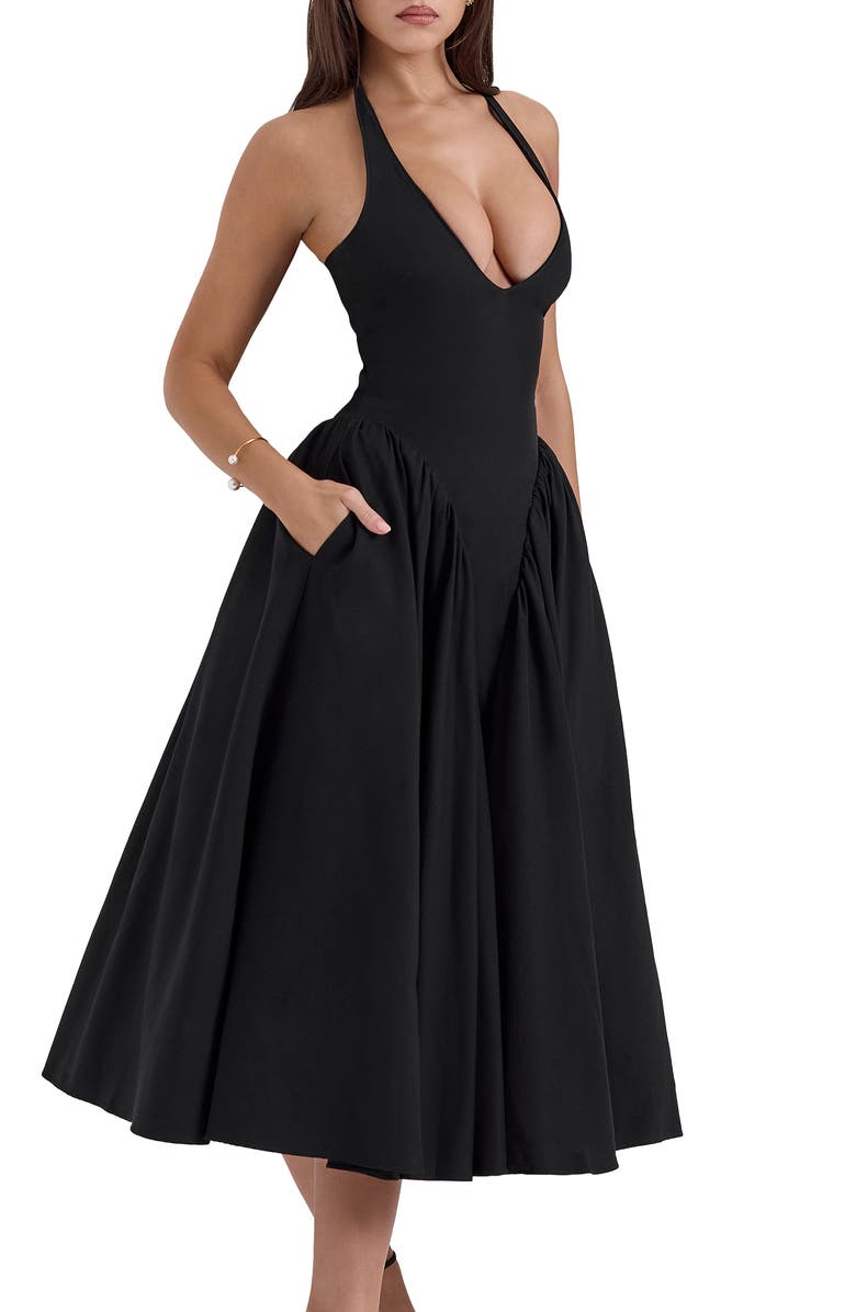 HOUSE OF CB Marilyn Gingham Halter Midi Sundress, Alternate, color, Black