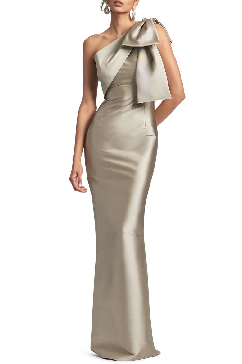 Bonnie Bow One-Shoulder Mikado Gown, Main, color, PEWTER
