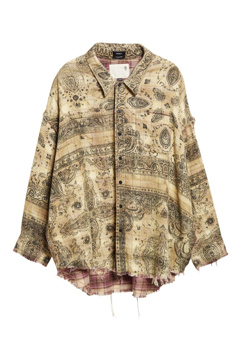 Oversize Shredded Seam Drop Neck Button-Up Shirt, Alternate, color, KHAKI BANDANA BLACK OVERPRINT