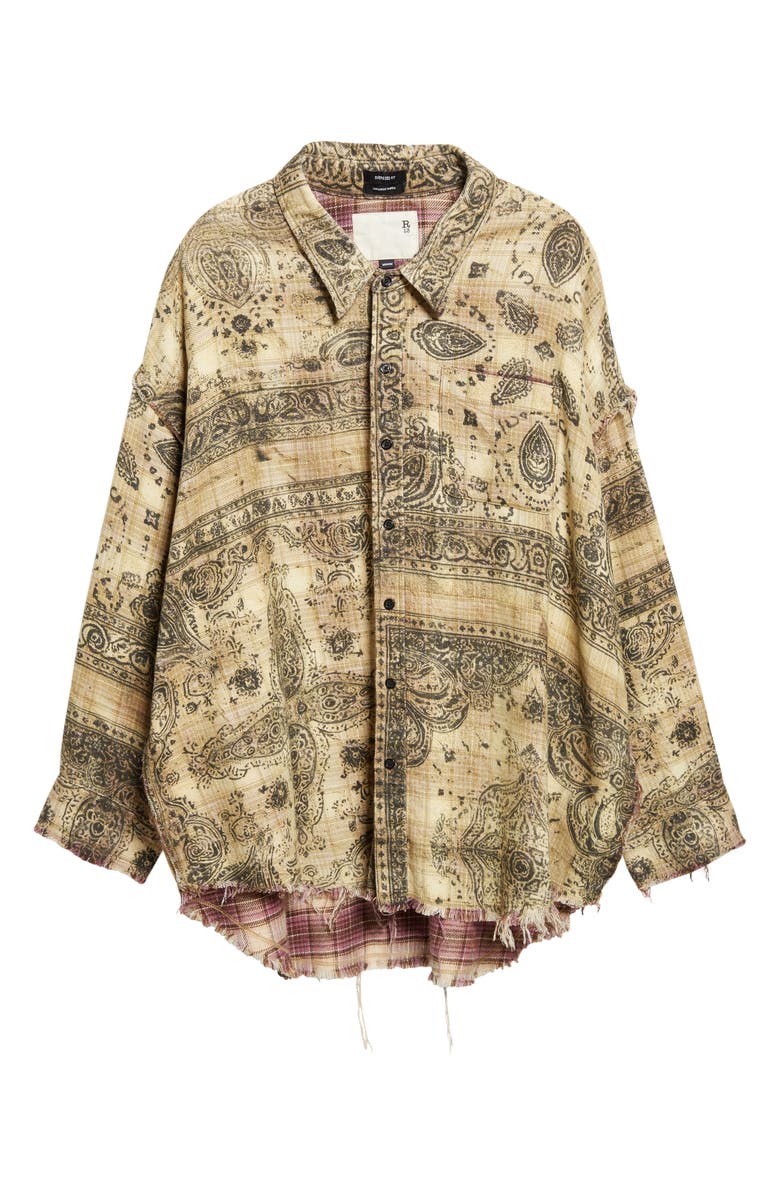 R13 Oversize Shredded Seam Drop Neck Button-Up Shirt, Alternate, color, Khaki Bandana Black Overprint