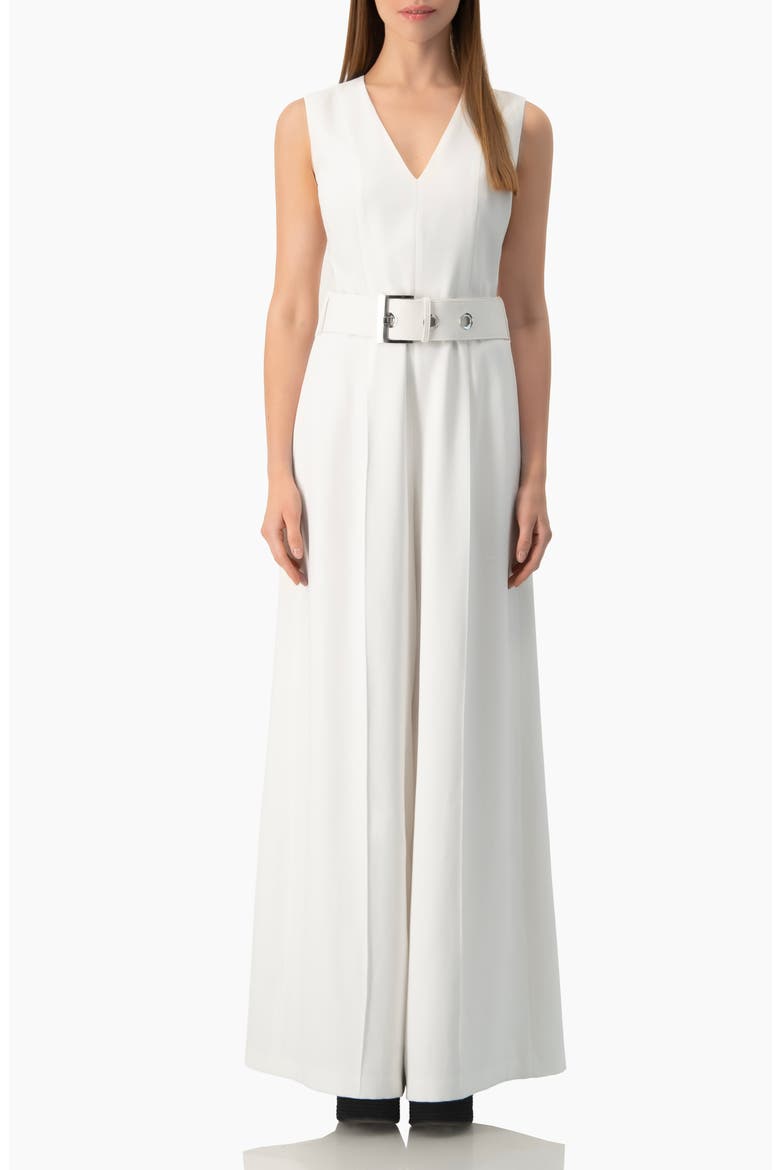 Clean V-Neck Buckle-Belt Wide-Leg Tailored Jumpsuit, Main, color, White