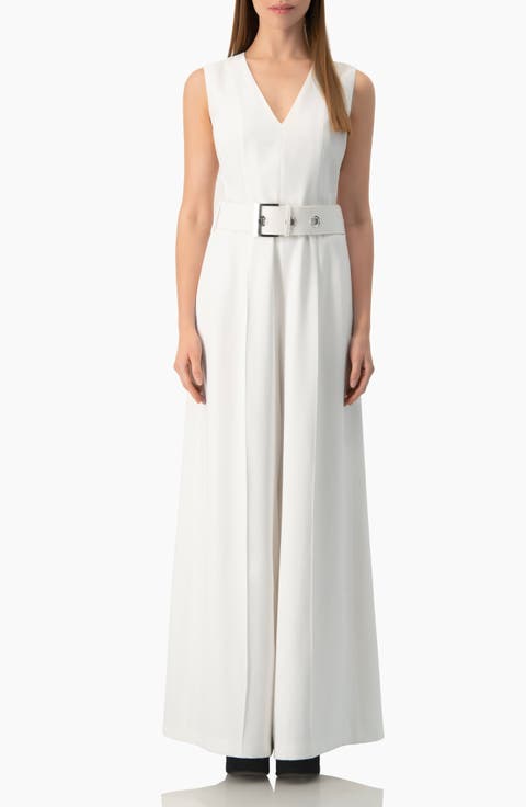 Clean V-Neck Buckle-Belt Wide-Leg Tailored Jumpsuit