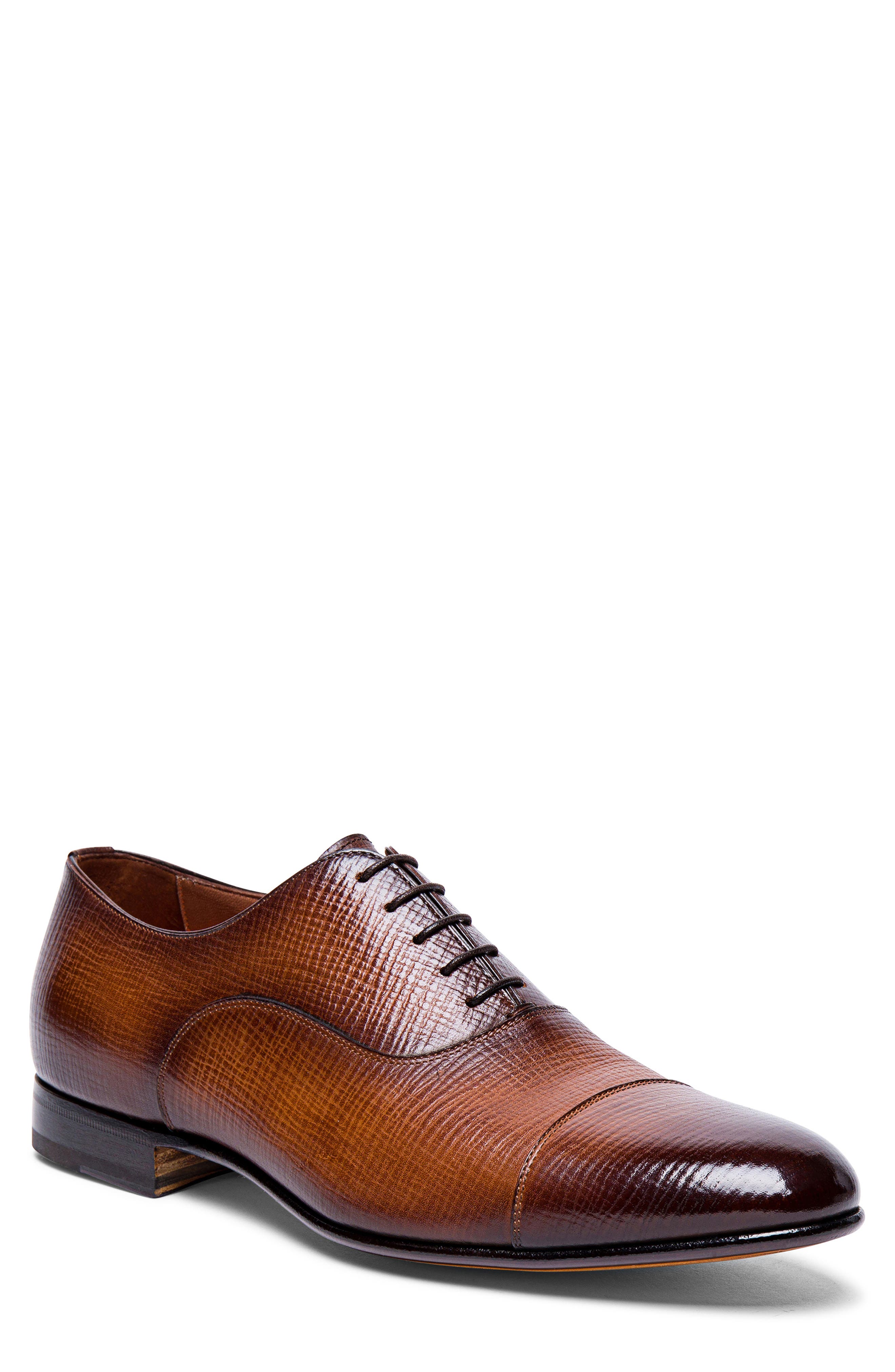 Santoni Darian Textured Cap Toe Oxford, Main, color, Brown