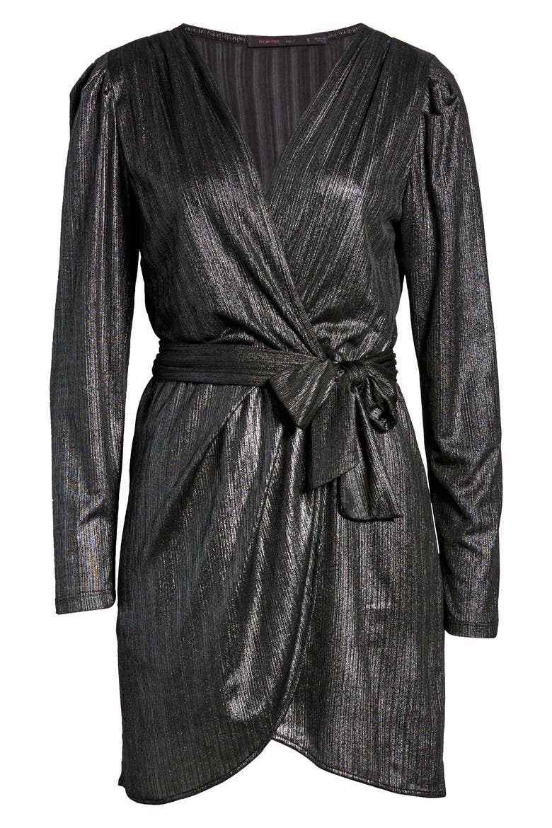 Metallic Long Sleeve Faux Wrap Dress, Alternate, color, BLACK