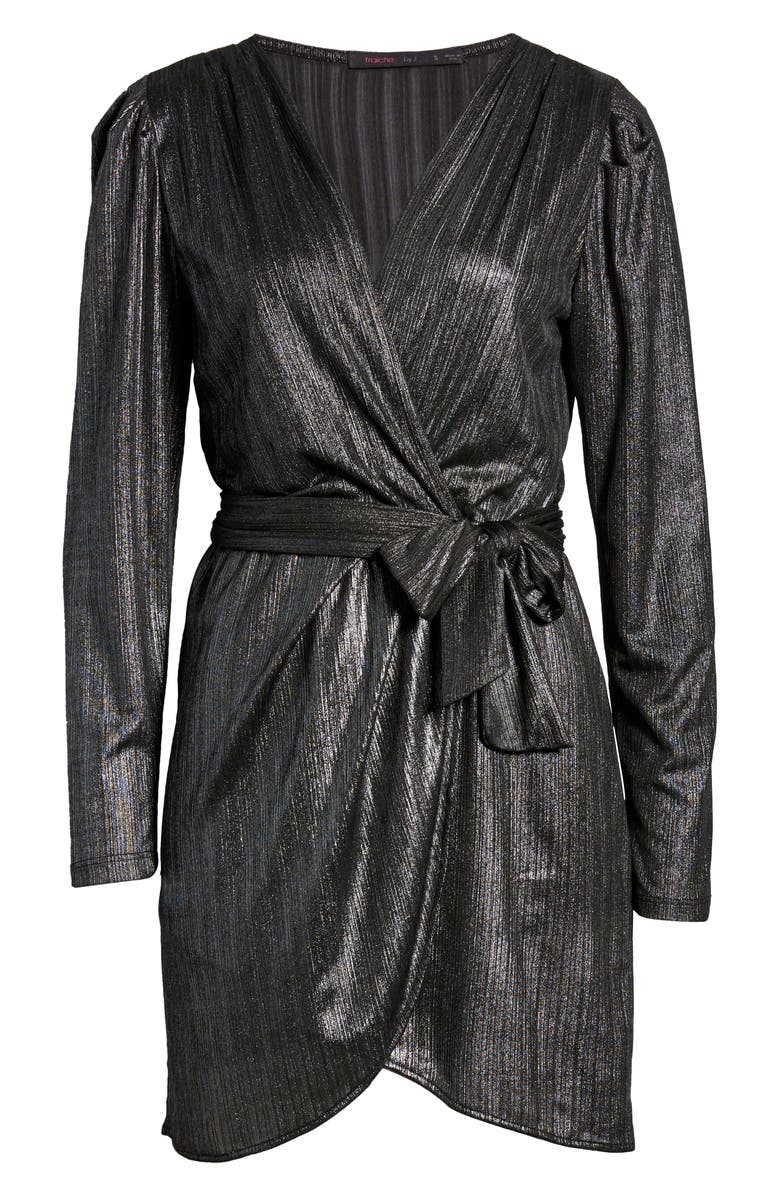 Fraiche by J Metallic Long Sleeve Faux Wrap Dress, Alternate, color, 