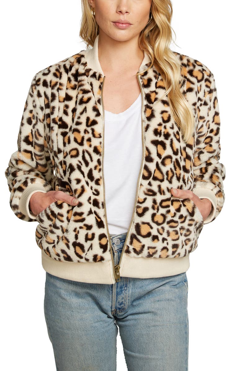 Chaser Faux Fur Leopard Print Bomber Jacket, Main, color, 