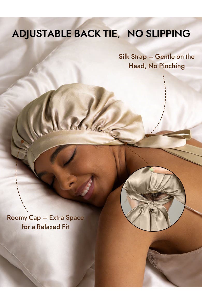Women's Mulberry Silk Bonnet with Long Ribbons, Alternate, color, Beige