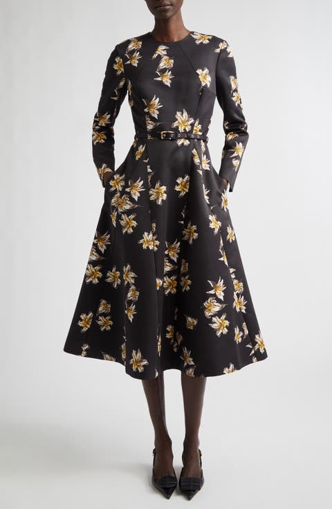 Uccelina Festive Lillies Long Sleeve Belted Fit & Flare Faille Midi Dress