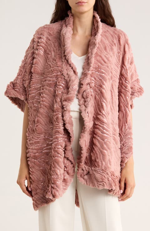Sequin Wave Texture Faux Fur Ruana