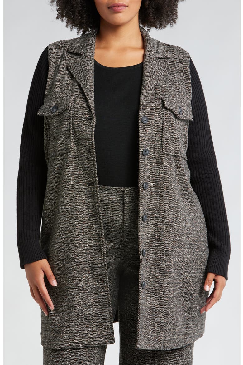 Mixed Media Sweater Coat, Main, color, BLACK TAN HERRINGBONE