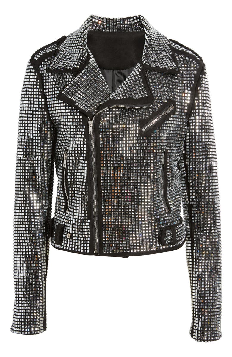AZALEA WANG Rhinestone Moto Jacket, Alternate, color, Black