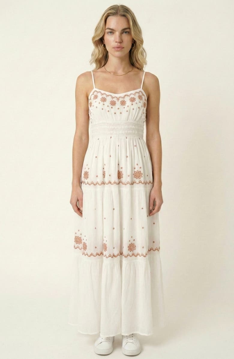 Modenaire Embroidered Tiered Maxi Dress, Main, color, White / Brown Embroidery