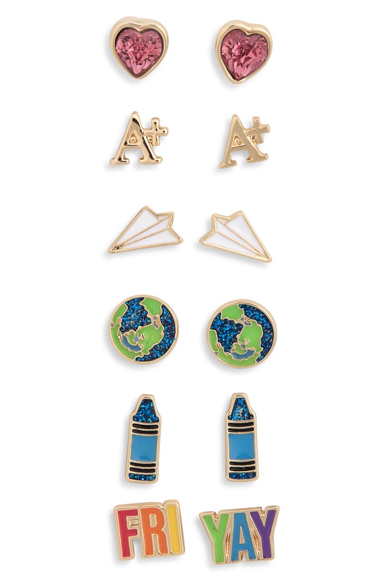 Set of 6 Teacher Stud Earrings, Main, color, BLUE MULTI- GOLD