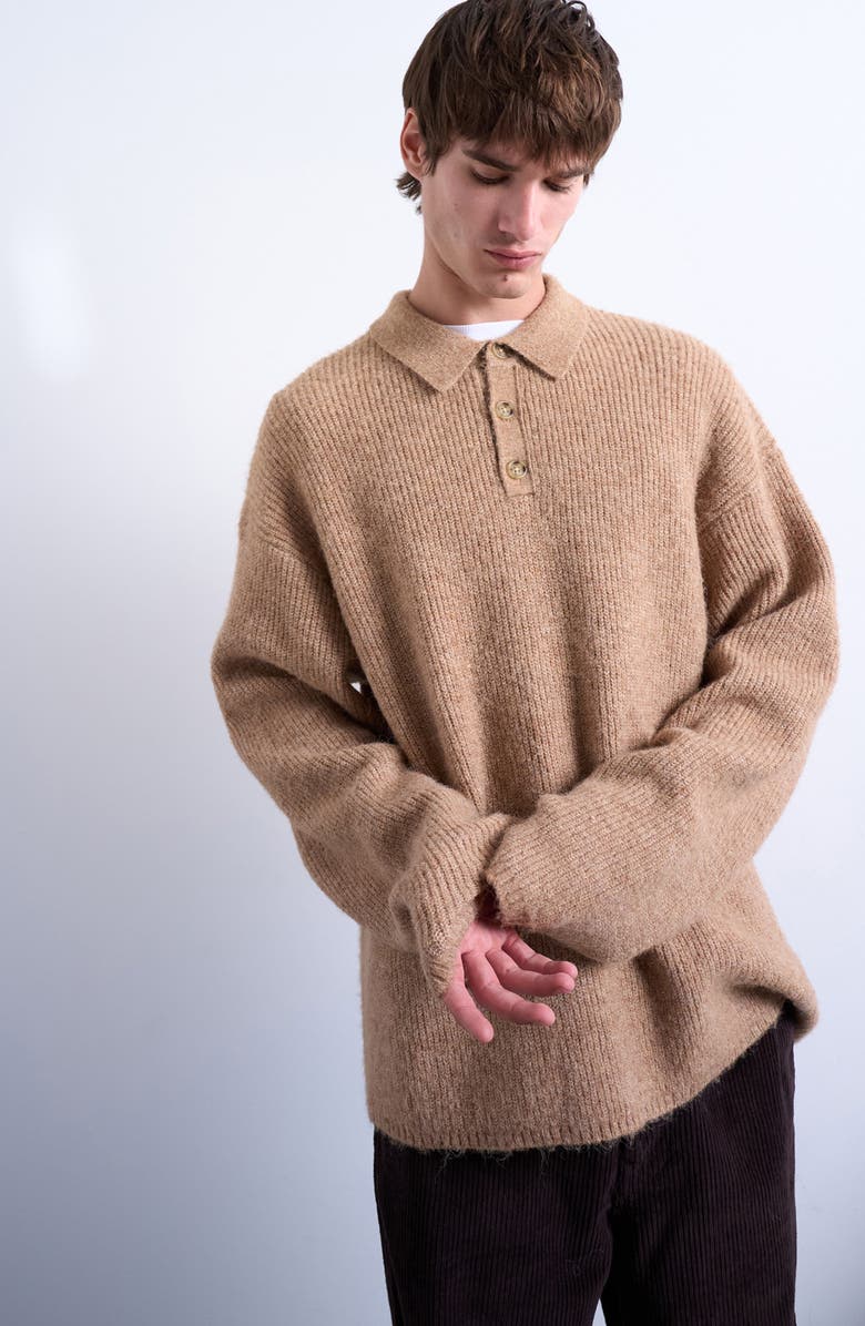 Topman Oversize Rib Polo Sweater, Main, color, Stone