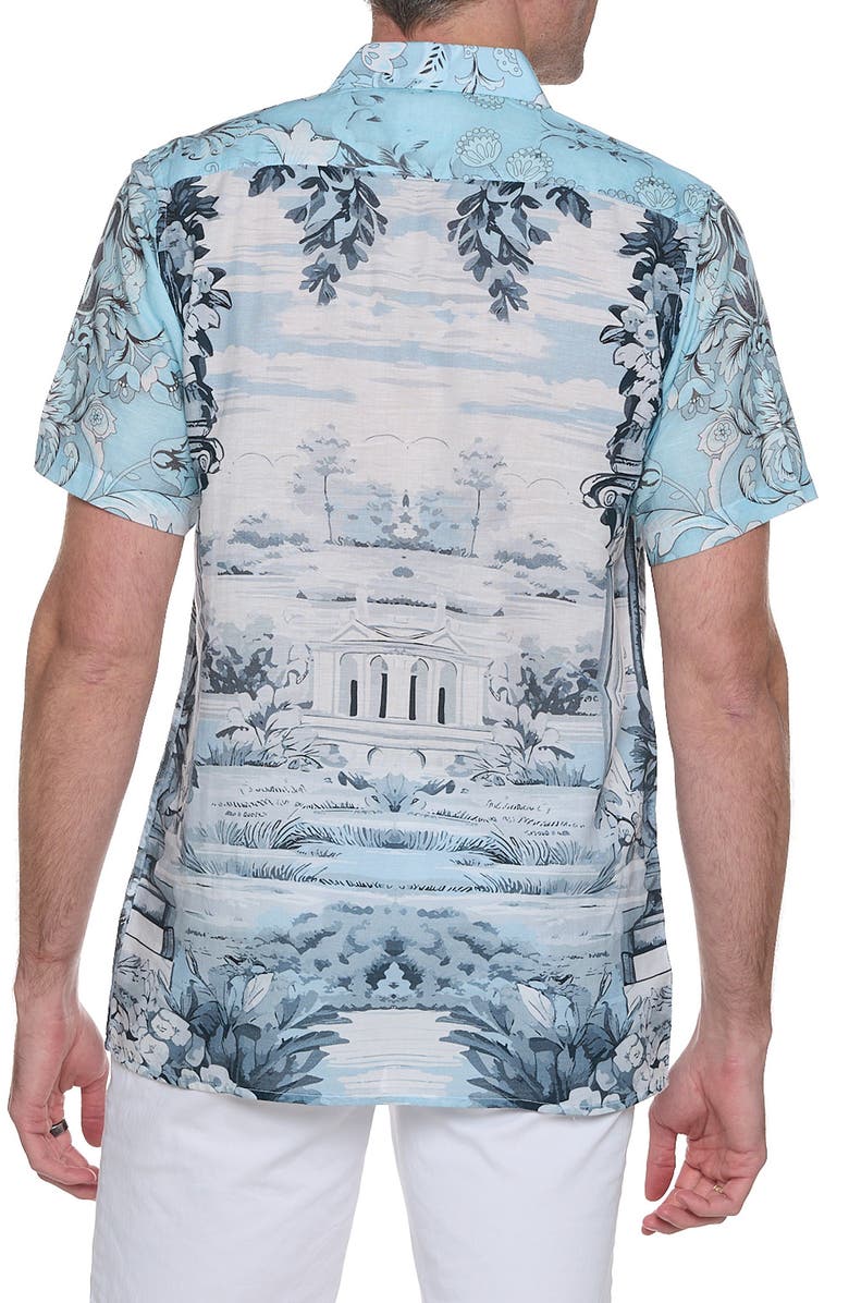 RANEES Extra Trim Fit Print Linen & Cotton Camp Shirt, Alternate, color, Light Blue