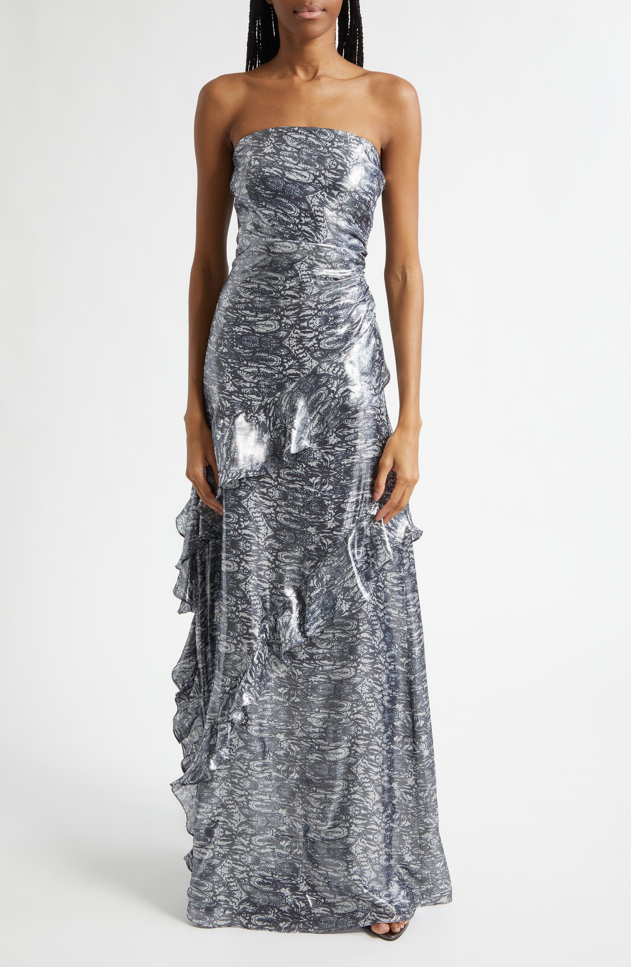 Dominika Metallic Abstract Print Strapless Silk Blend Gwon