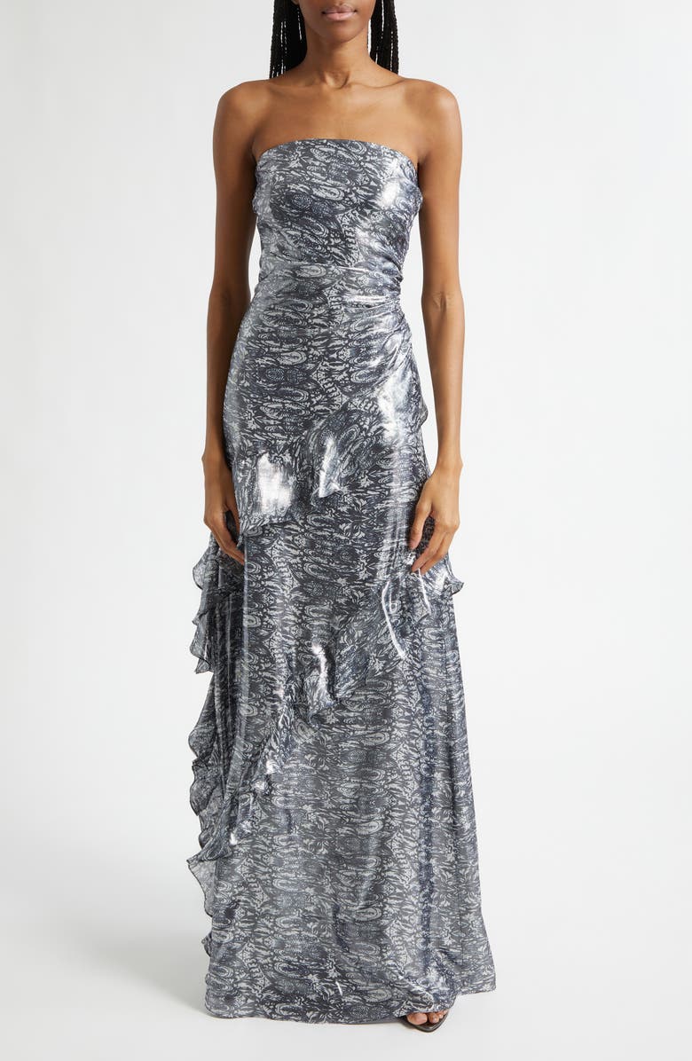 Ramy Brook Dominika Metallic Abstract Print Strapless Silk Blend Gwon, Main, color, Navy Lurex