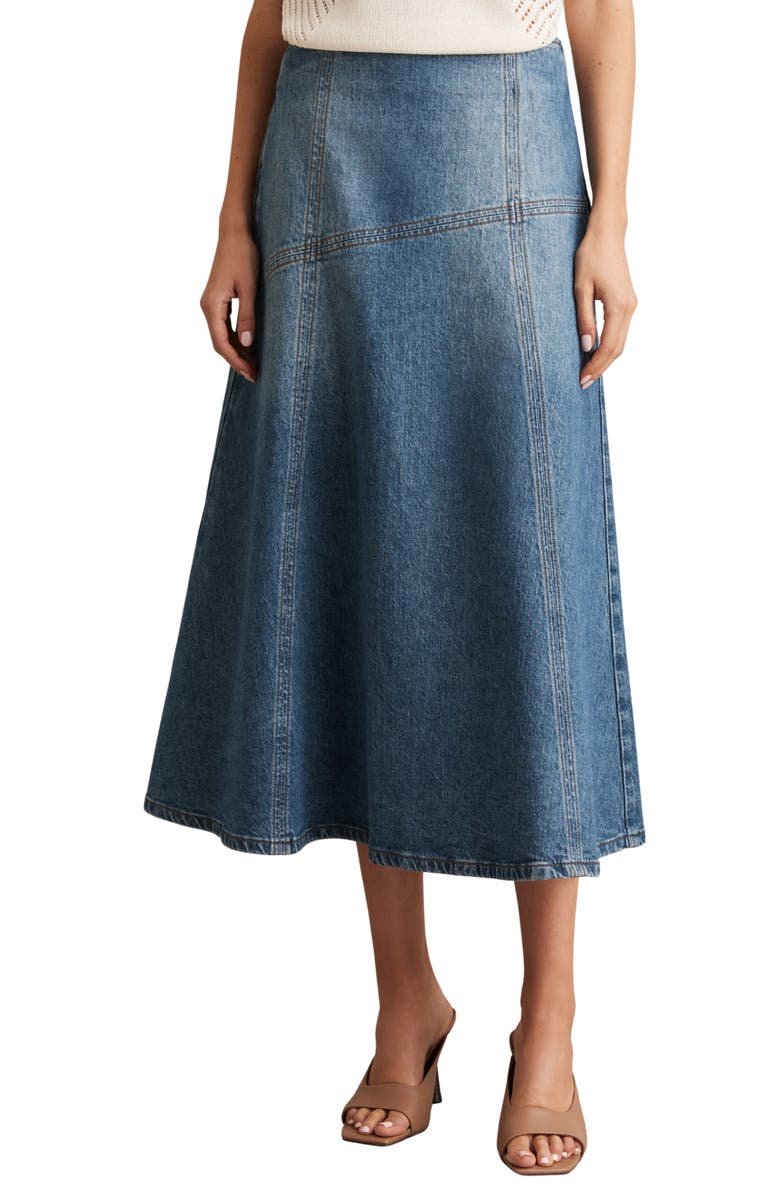 Reiss Fee Flare Midi Denim Skirt, Main, color, Indigo