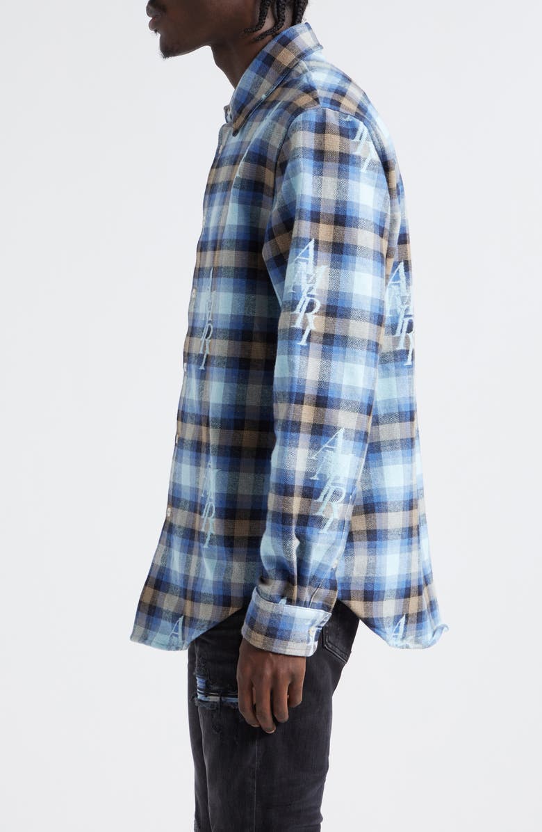 AMIRI Staggered Logo Plaid Flannel Button-Up Shirt, Alternate, color, 