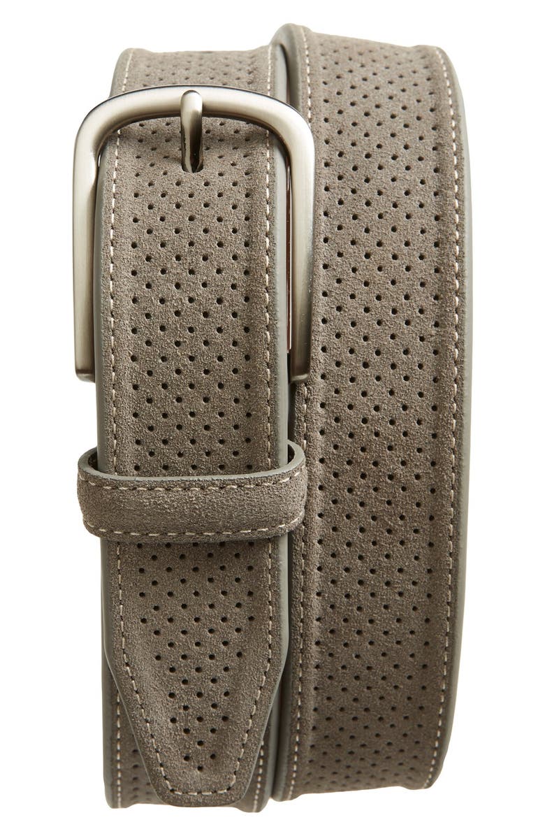 Johnston & Murphy Perforated Suede Belt, Main, color, Gray Suede Leather
