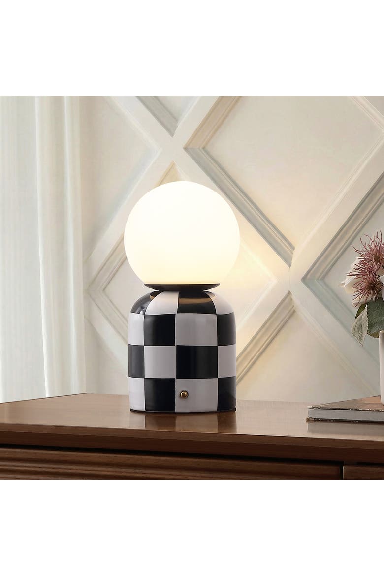 Zira Modern Checkerboard Ceramic Rechargeable Cordless Integrated Portable Dimmable with Frosted Globe Shade LED Table Lamp, Alternate, color, Black/White