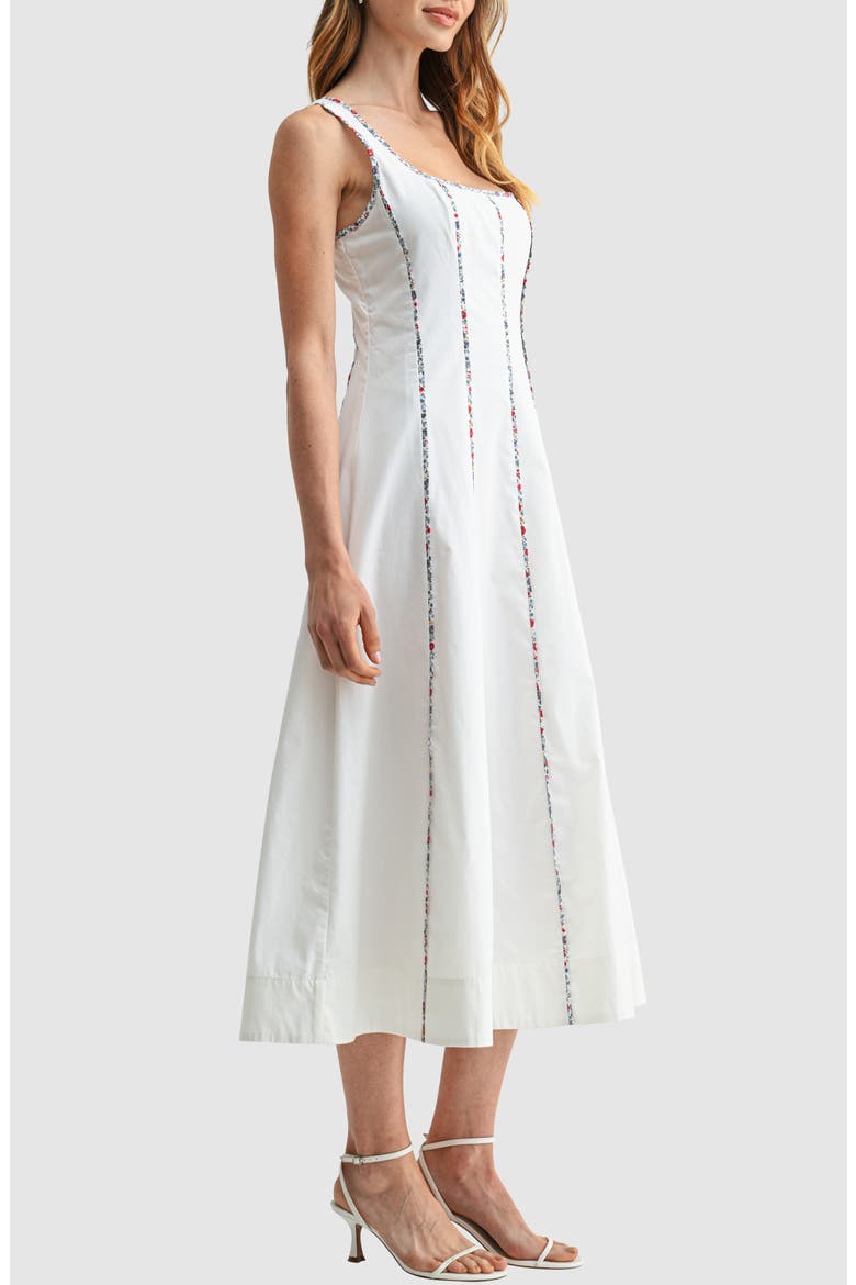 Floral Piping Sleeveless Fit & Flare Midi Dress, Alternate, color, WHITE