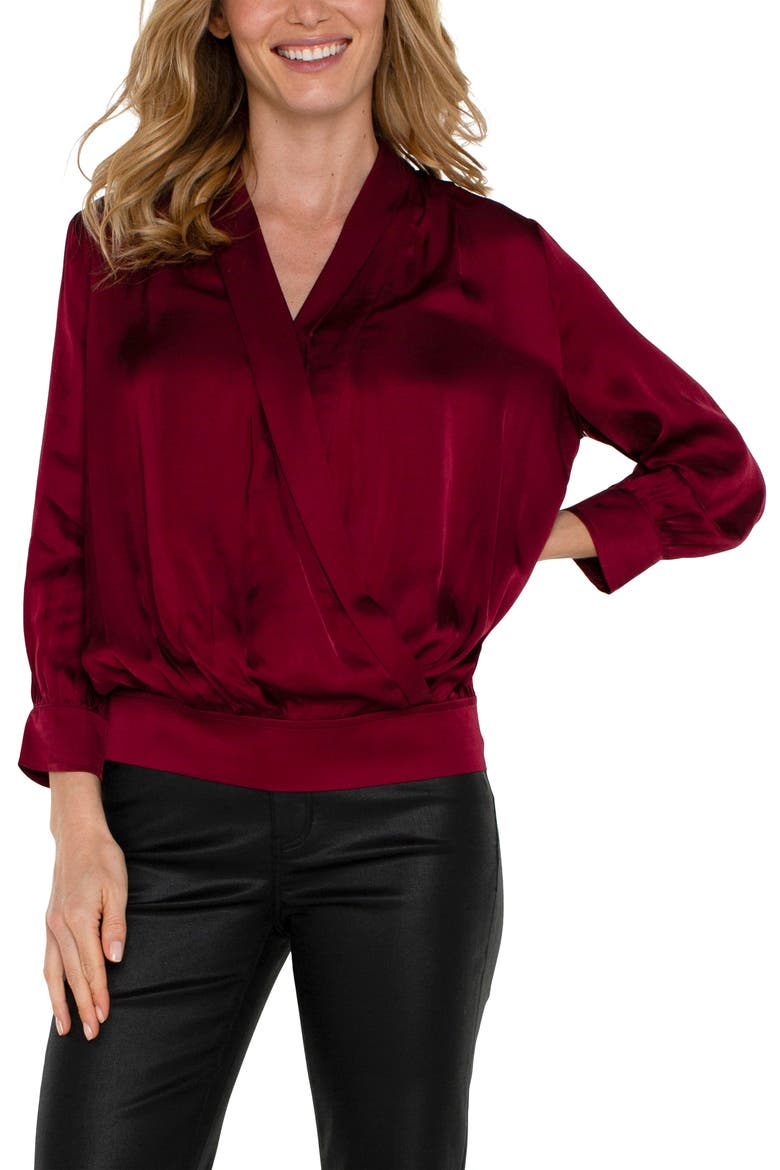 Faux Wrap Satin Top, Alternate, color, DARK PINOT NOIR
