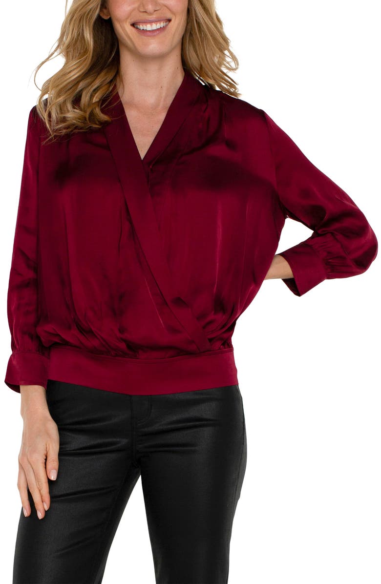 Liverpool Los Angeles Faux Wrap Satin Top, Alternate, color, 