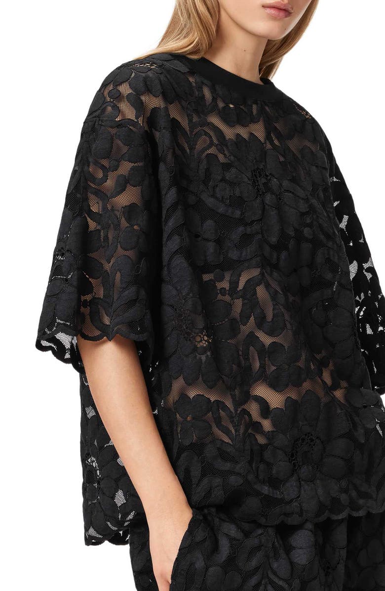 AllSaints Amelie Floral Lace T-Shirt, Alternate, color, Black
