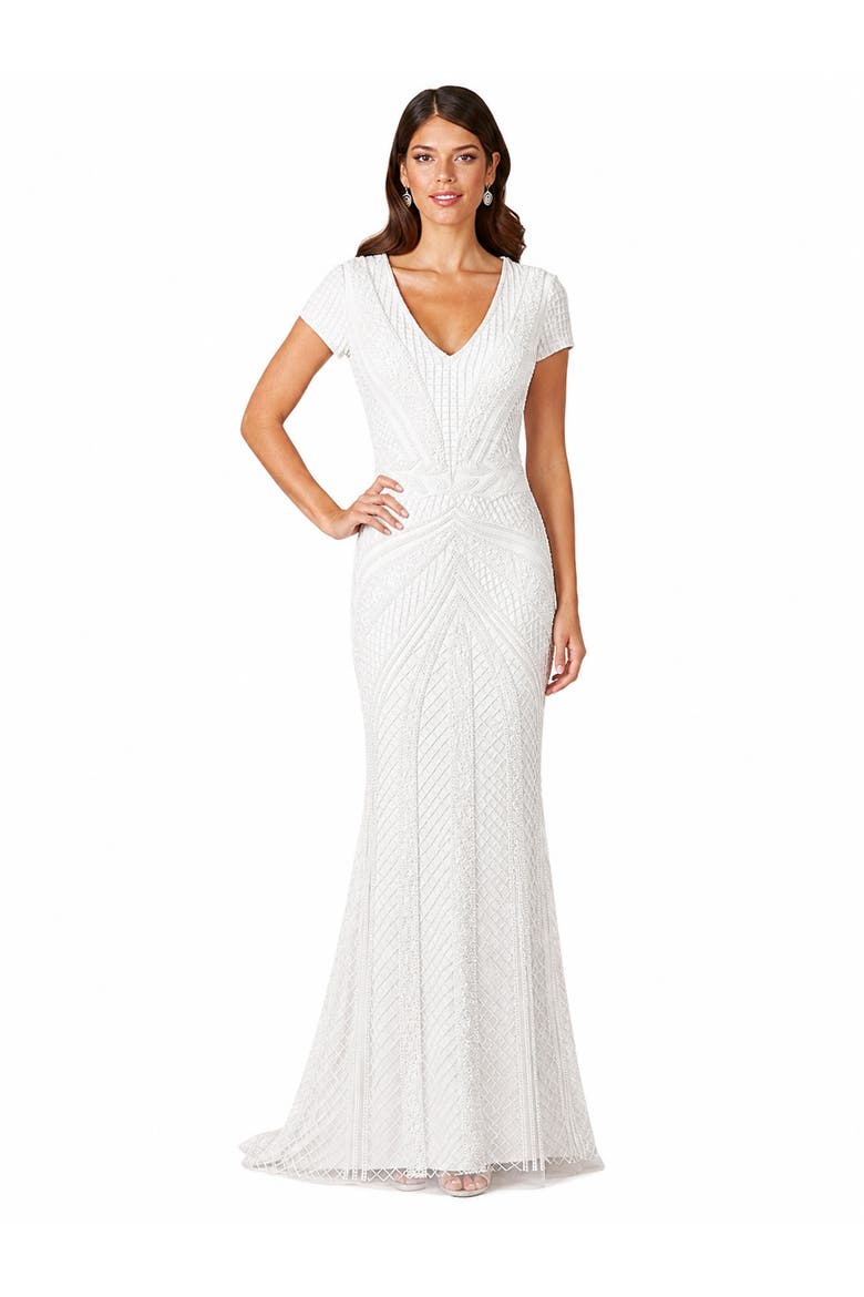 Beaded Faux-Wrap V-Neck Bridal Gown, Main, color, Ivory
