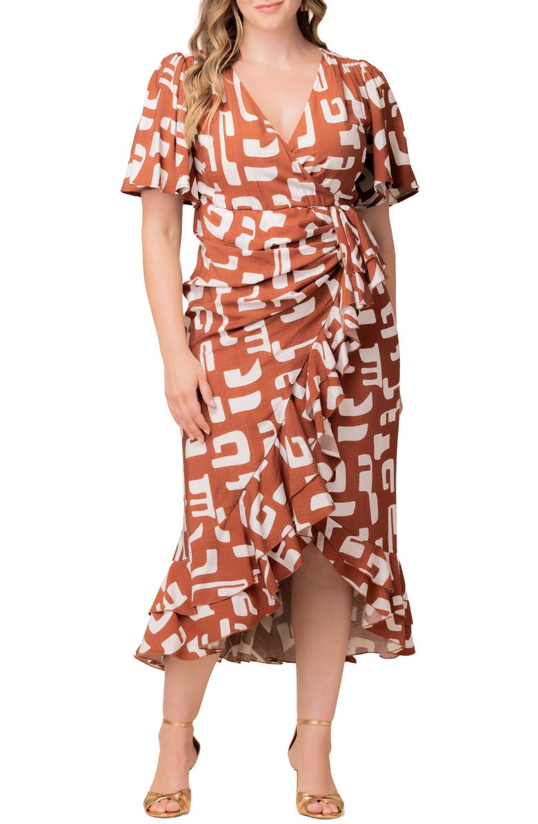 Kiyonna Alexandra Floral Print Ruffle Wrap Front Maxi Dress, Main, color, Chocolate Abstraction