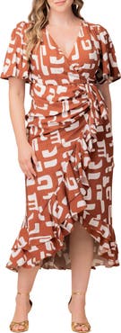 Kiyonna Alexandra Floral Print Ruffle Wrap Front Maxi Dress