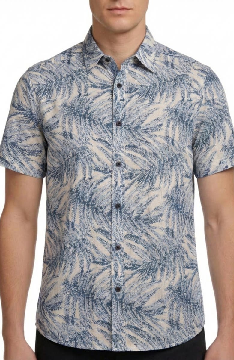 Report Collection Tropical Print Short Sleeve Linen & Cotton Button-Up Shirt, Main, color, Blue