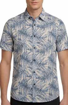 Report Collection Tropical Print Short Sleeve Linen & Cotton Button-Up Shirt