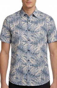 Report Collection Tropical Print Short Sleeve Linen & Cotton Button-Up Shirt