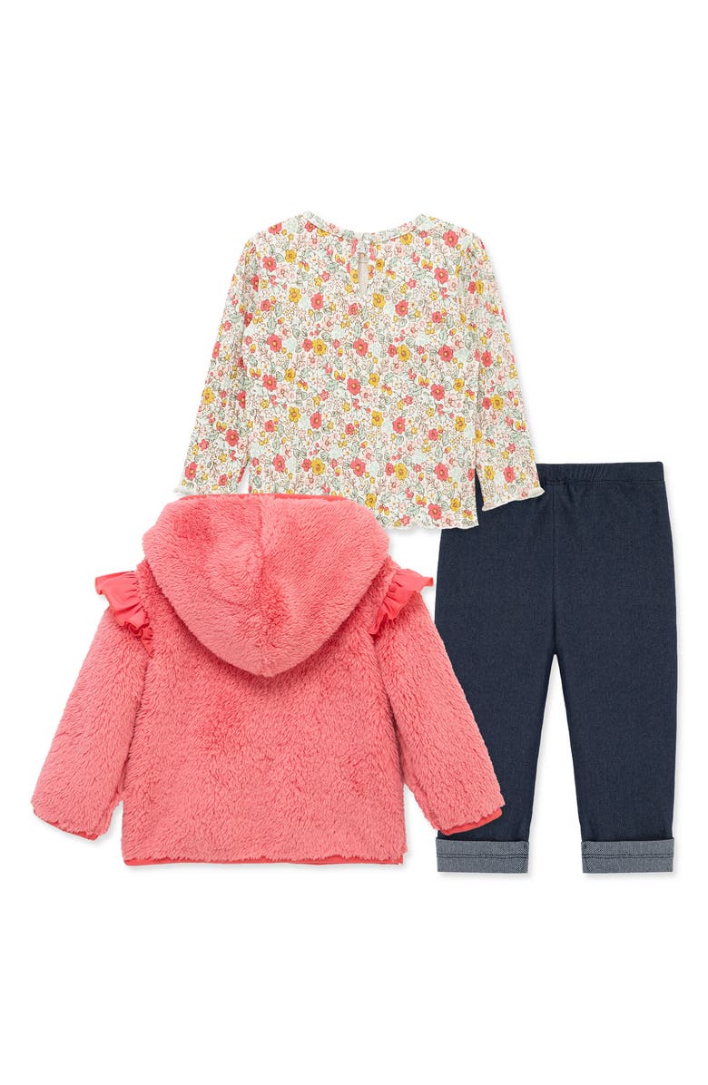 Little Me Garden T-Shirt, Fleece Hooded Jacket & Denim Leggings Set, Alternate, color, Rose