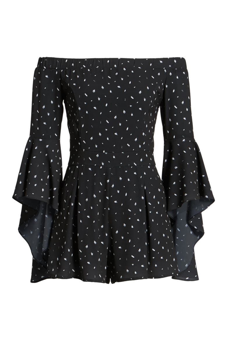 Off the Shoulder Bell Sleeve Romper, Alternate, color, POLKA DOT PRINT BLACK/ IVORY