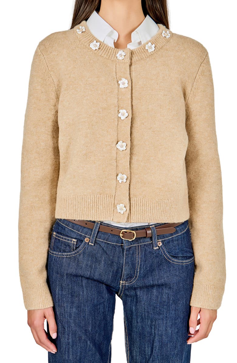 Endless Rose Floral Button Cardigan, Alternate, color, Tan
