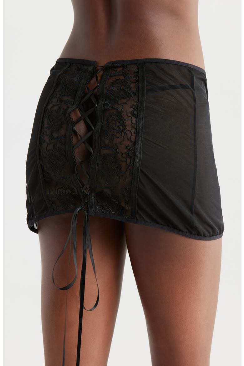 Embroidered Lace-Up Sheer Skirt & G-String Set, Alternate, color, BLACK