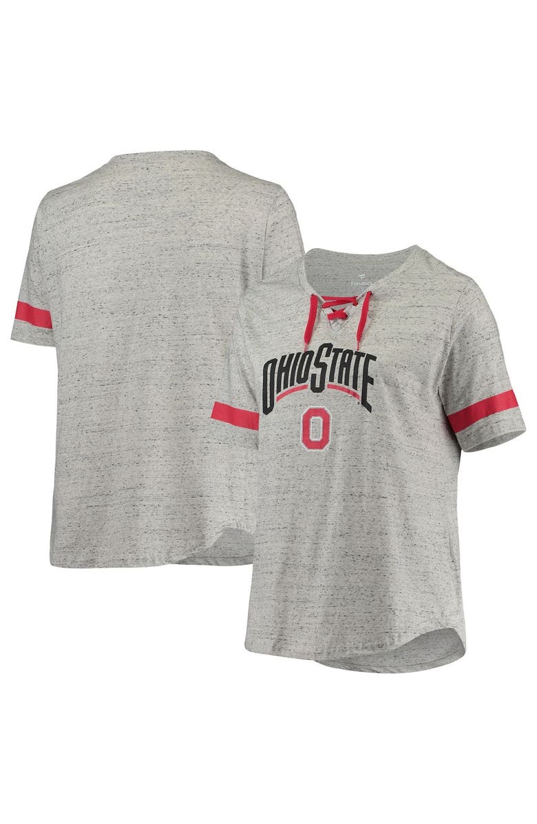 PROFILE Women's Heathered Gray/Scarlet Ohio State Buckeyes Plus Size Lace-Up V-Neck T-Shirt, Main, color, 