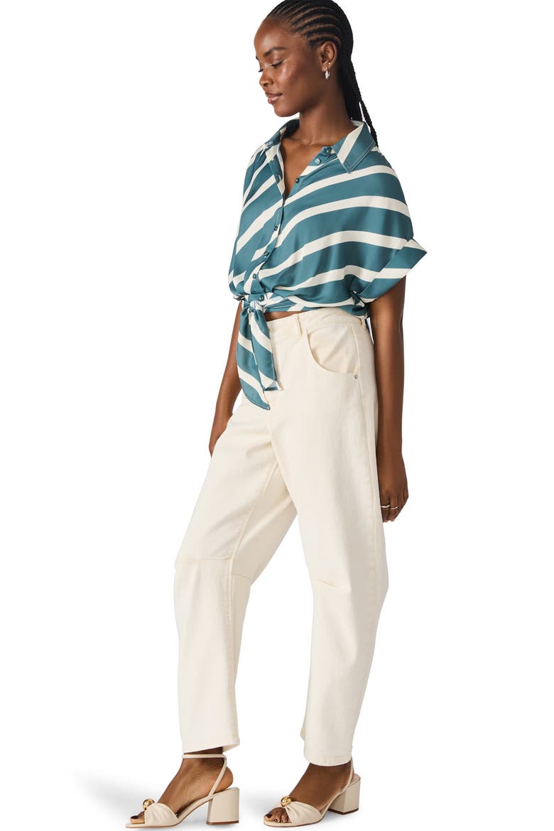 Tori Stripe Short Sleeve Tie Front Shirt, Alternate, color, DUSTY TEAL