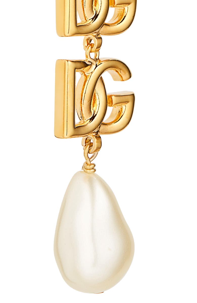 Dolce&Gabbana Logo Imitation Pearl Clip-On Drop Earrings, Alternate, color, Oro