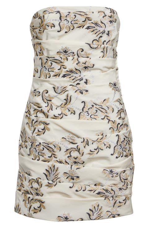 Metallic Embroidered Strapless Cocktail Dress