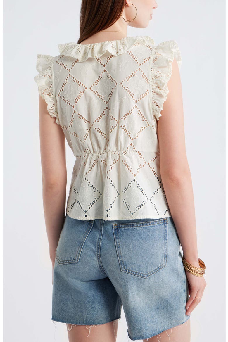 Open Cutwork Ruffle Trim Button-Up Top, Alternate, color, IVORY EGRET