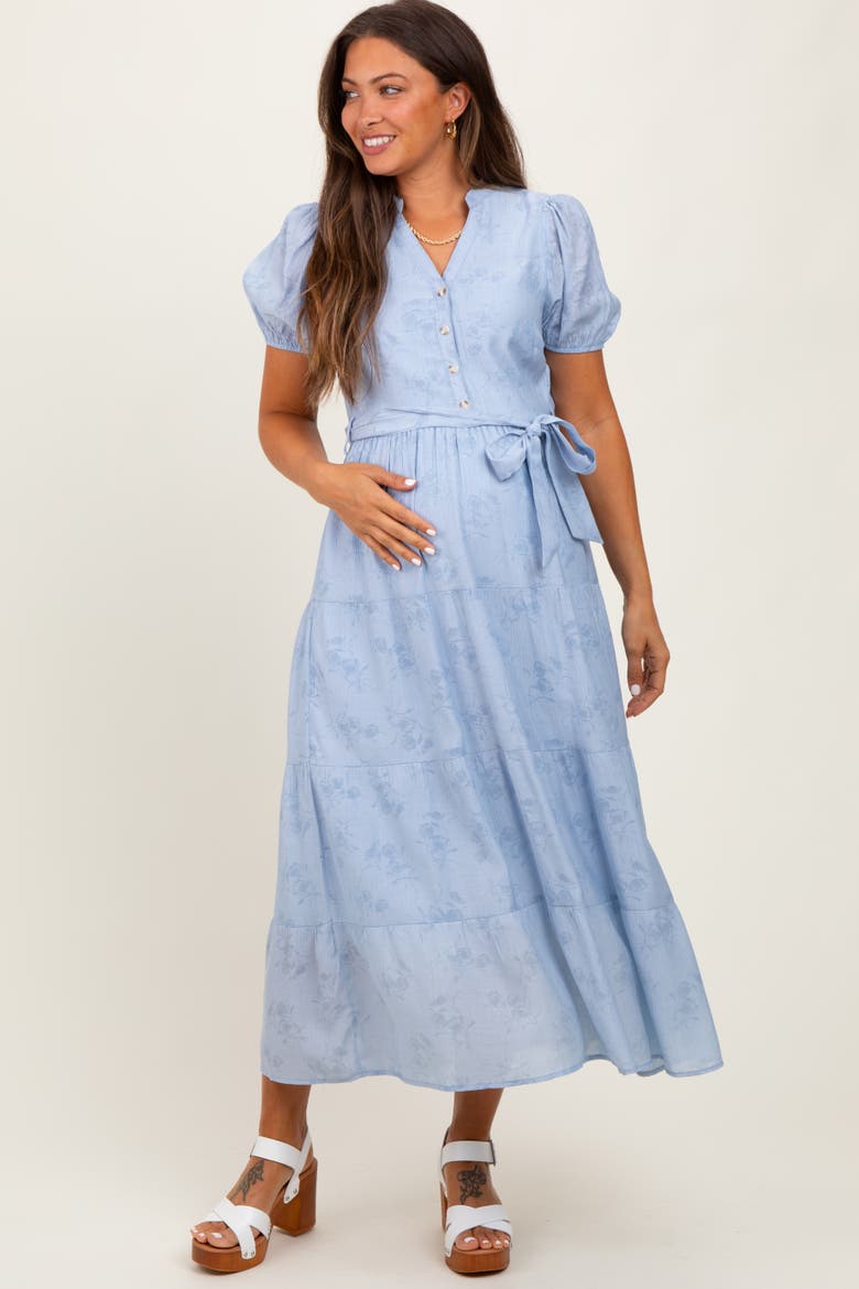 Blue Split Neckline Tiered Midi Dress, Alternate, color, Light Blue