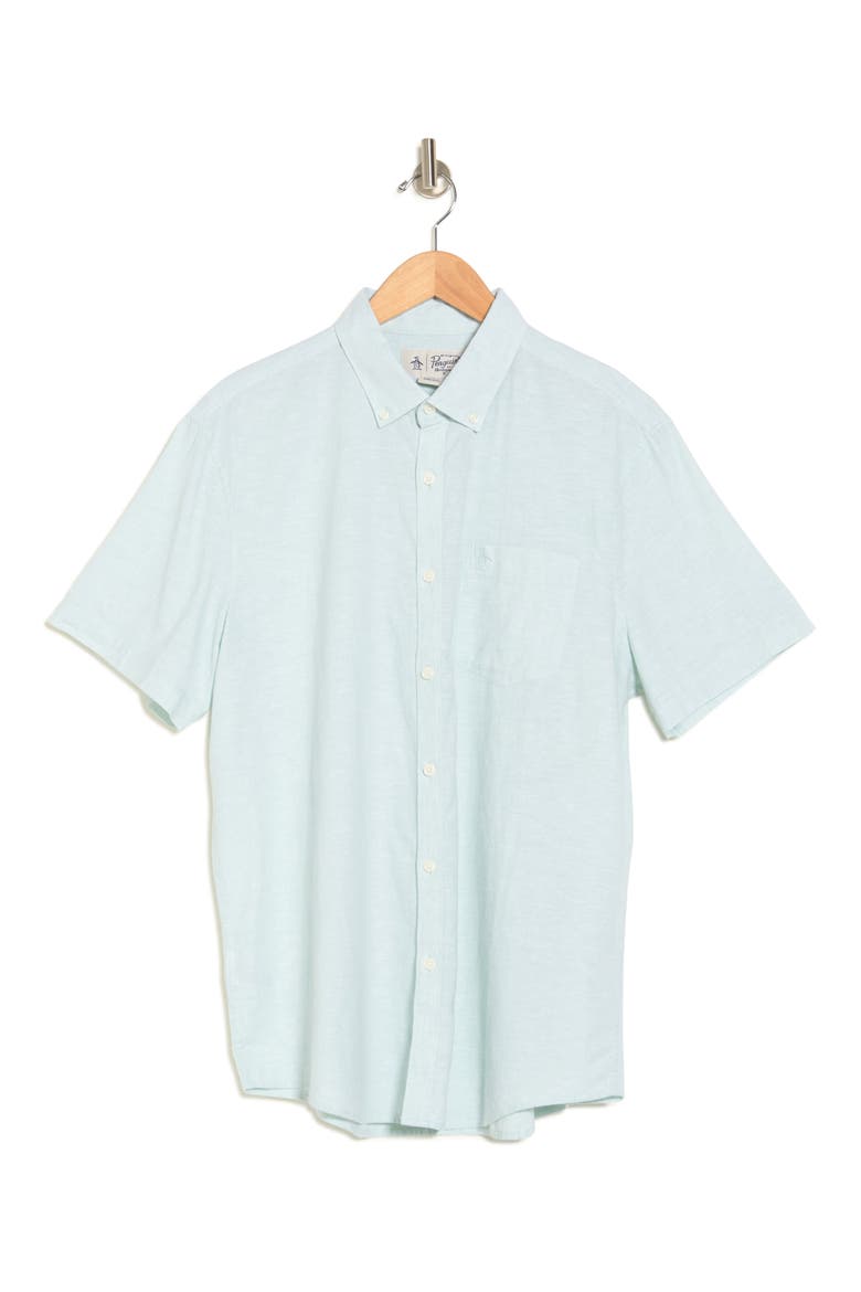 Stretch Linen Blend Short Sleeve Shirt, Alternate, color, SURF SPRAY