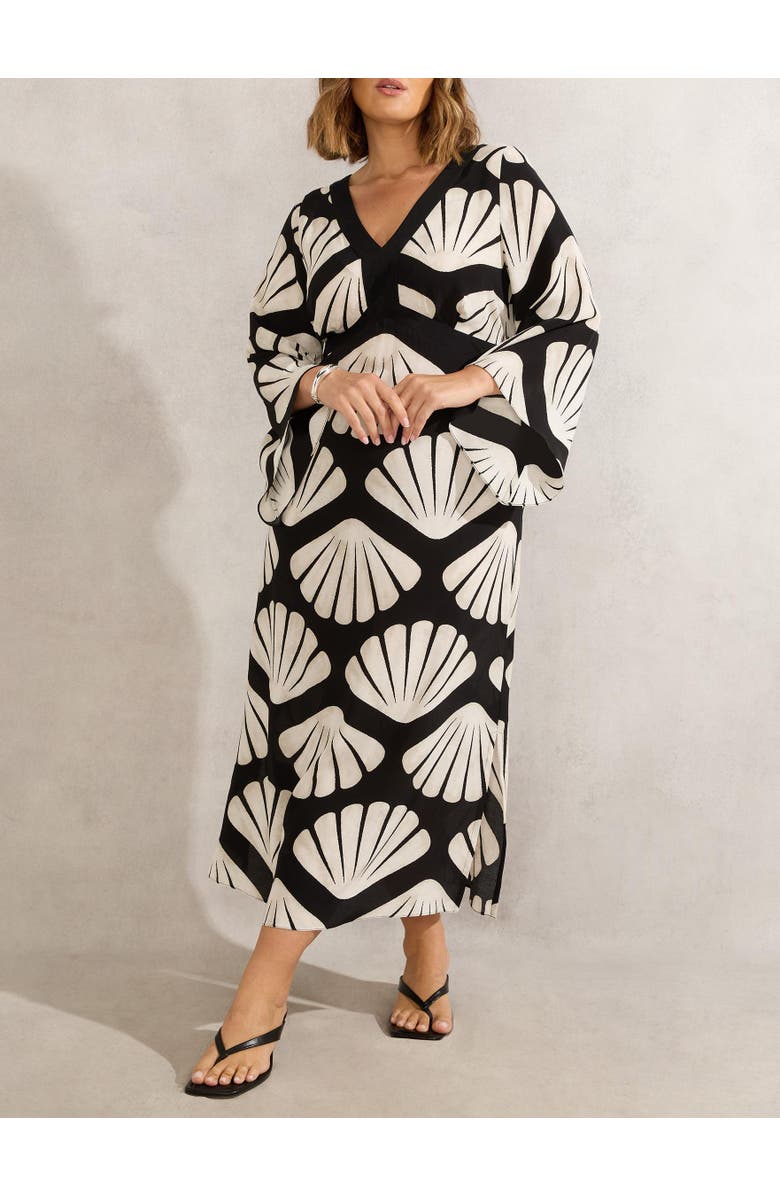 Live Unlimited Shell Print Flared Sleeve V-Neck Dress, Alternate, color, Black