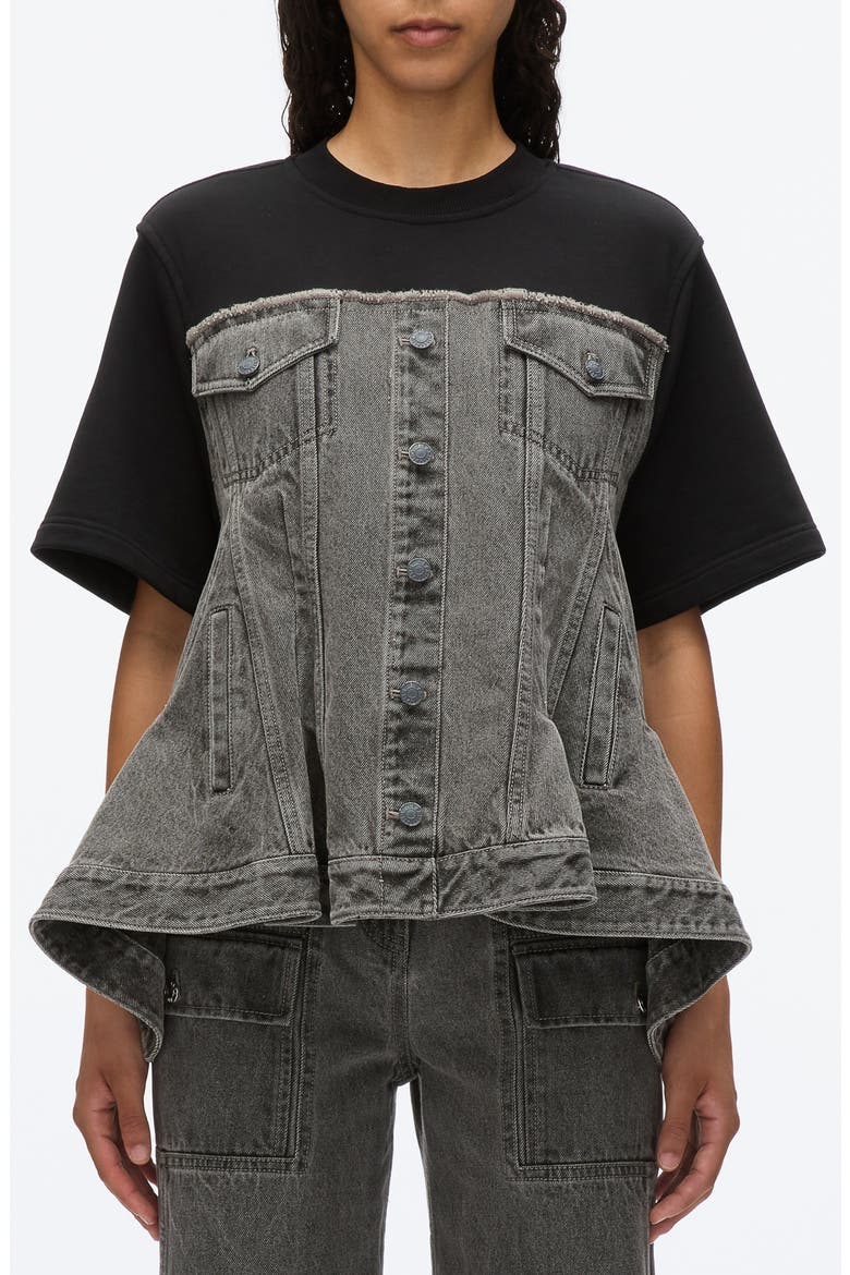 Flounce Hybrid Denim Top, Main, color, WASHED GREY-BLACK